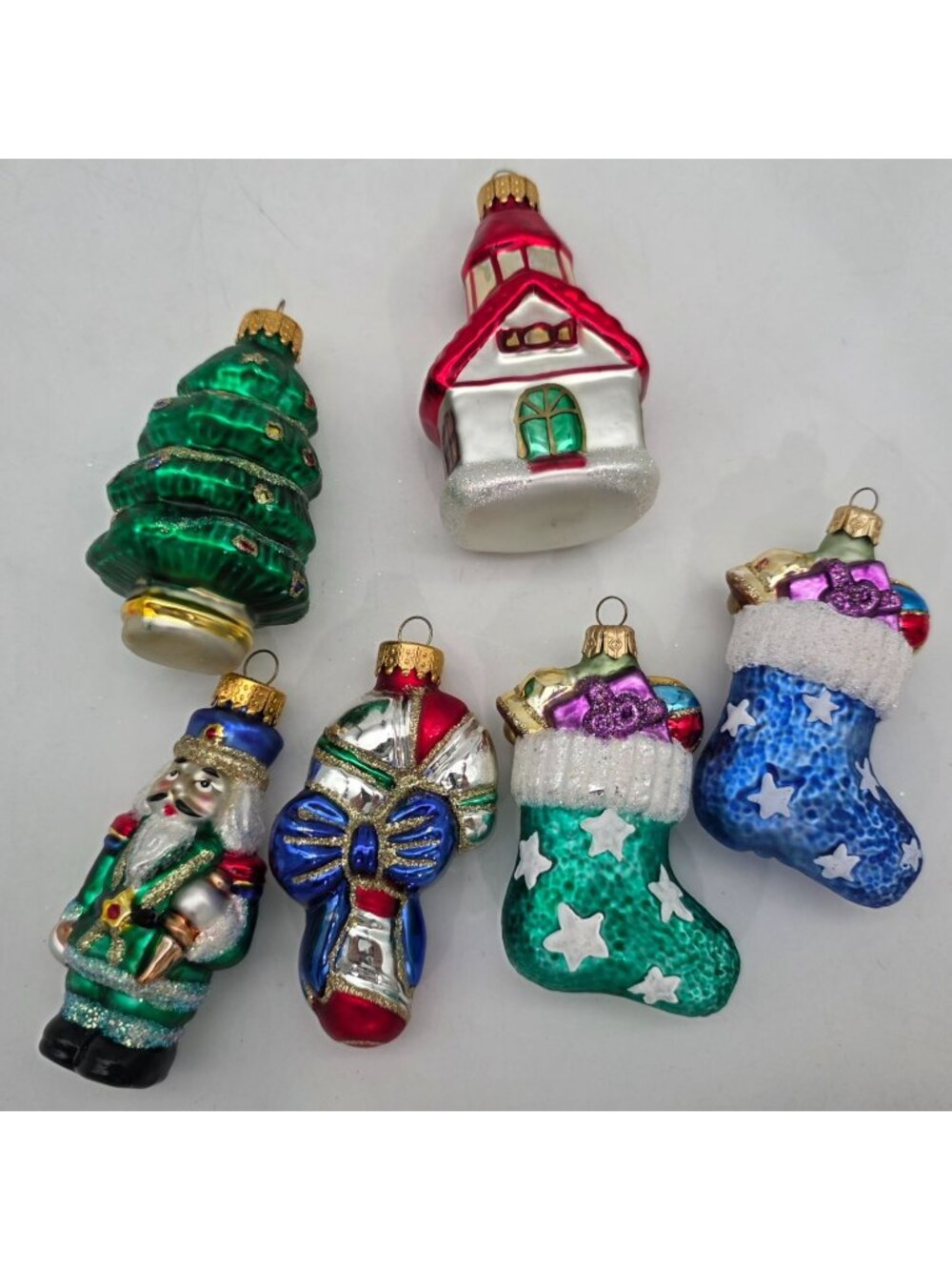 VTG Hand-Painted Glass Christmas Ornaments Nutcracker Tree Stockings & Bow
